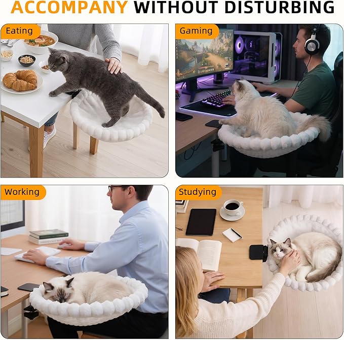 Cat Desk Bed - Faux Rabbit Fur Cat Hammock for Desk, 180° Rotating Adjustable, Reversible Dual-Sided Mat for All Seasons, Removable & Washable, Supports 40 lbs for Office Game Tables