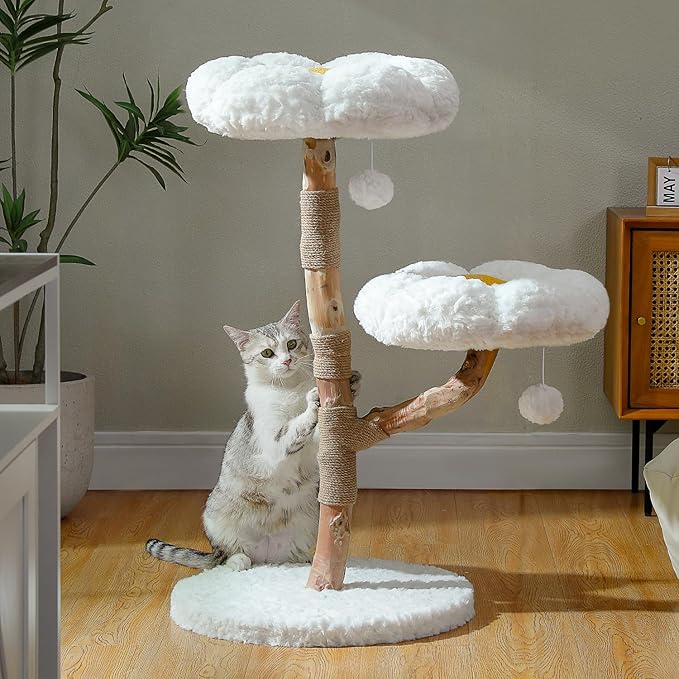 MUTTROS Wood Flower Cat Tree, Modern Cat Tower with Real Wood Branches, Luxury Boho Furniture with Scratching Post and 2 Perches, Cat Climbing Tower for Indoor Cats, Cloud White