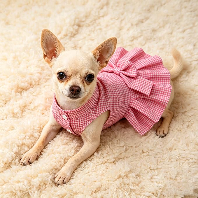 Classic Plaid Dog Dress with Bow Tie for Small Dogs Cats Girls, Cute Puppy Dresses Clothes with Bowknot Chihuahua French Bulldog Pet Apparel Outfits (Strawberry Pink, Small)