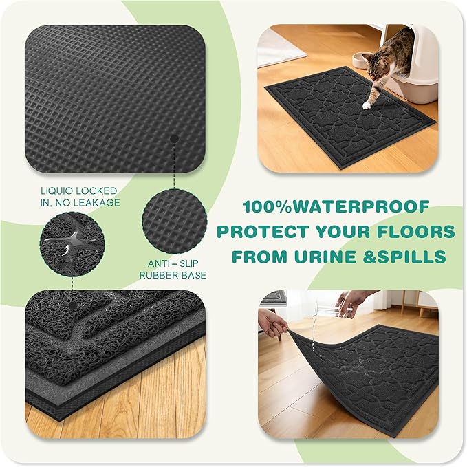 Yimobra Cat Litter Mat, Litter Trapping Waterproof Non Slip PVC Mat, Scatter Control Easy Clean for Litter Box, 47"x36", Black
