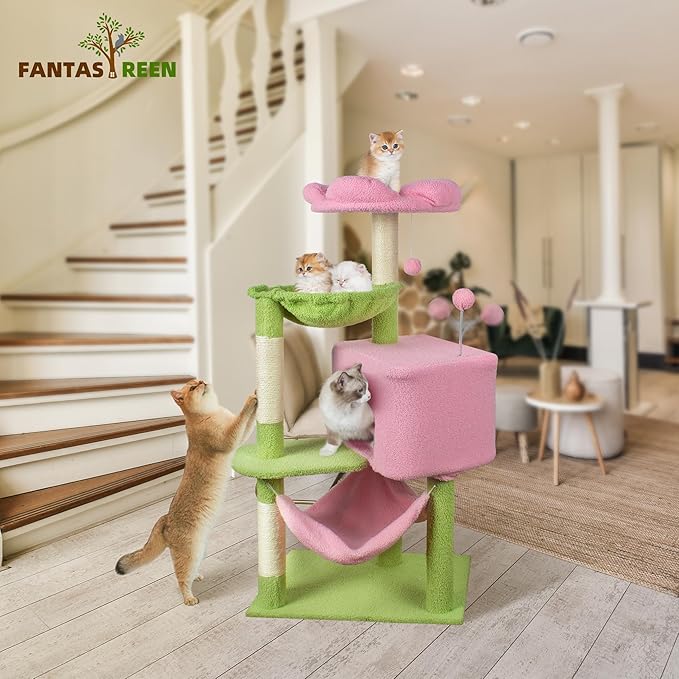 Fantasreen Cat Tree 43'' Cute Cat Tower Flower Cat Trees for Indoor Cat Condo with Hanging Toys Pink Large Top Perch for Kittens and Adults Cats Large