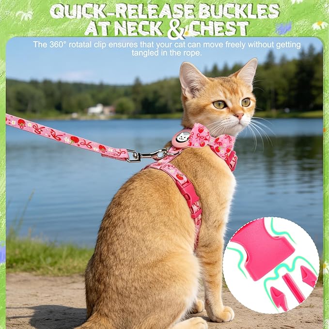 EXPAWLORER Cat Harness and Leash Set with AirTag Holder, Escape Proof Safe Lightweight Adjustable Soft Kitten Harness Set with Bowknot for Small Medium Large Cat Walking Travel Outdoor, Strawberry