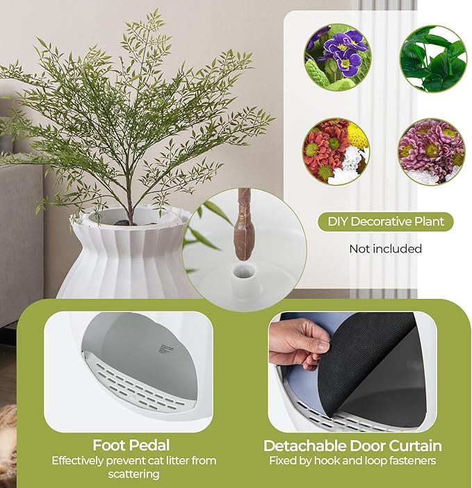 Giantex Cat Litter Box Plant - Hidden Litter Box Furniture with Electronic Odor Removal System, Detachable Door Curtain, Scoop, Cat Litter Box Enclosure Planter Home Decor, Easy to Clean (White)