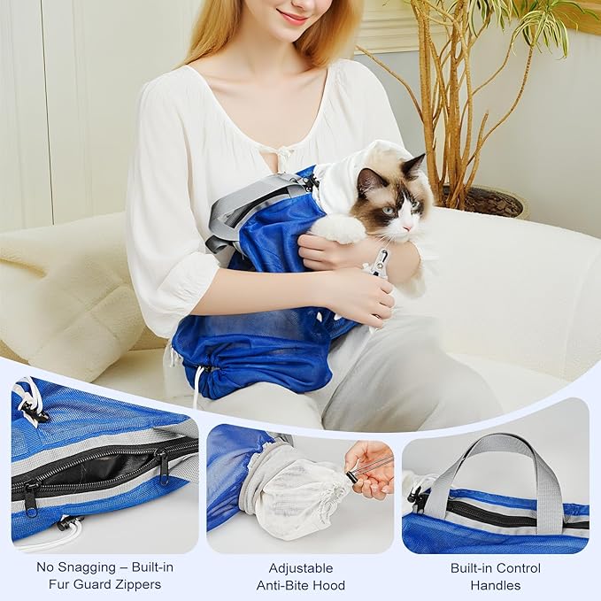 Cat Bathing Bag Anti Scratch Bite Breathable Mesh- Cat Grooming Bag for Nail Trimming, Injections, Medication, Dental Care, Vet Visits, Cats Shower Bag with Zippers,Blue M