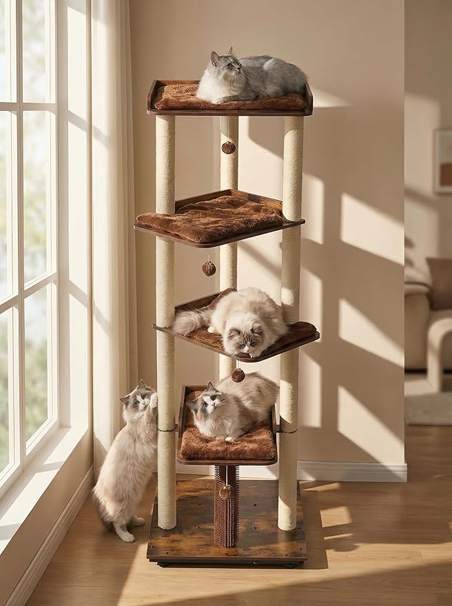 FourFurPets Heavy Duty Cat Tree, 67.7" Cat Tree for Indoor Cats Large Adult, Modern Cat Tower for Large Cats, Cat Tower with Scratching Post, Large Perch and Removable Pads, Rustic Brown