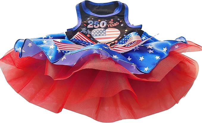 Small Dog Cat America's 250th Anniversary 4th of July Dress, Bandana & Bow Clip 3 Piece Accessories S