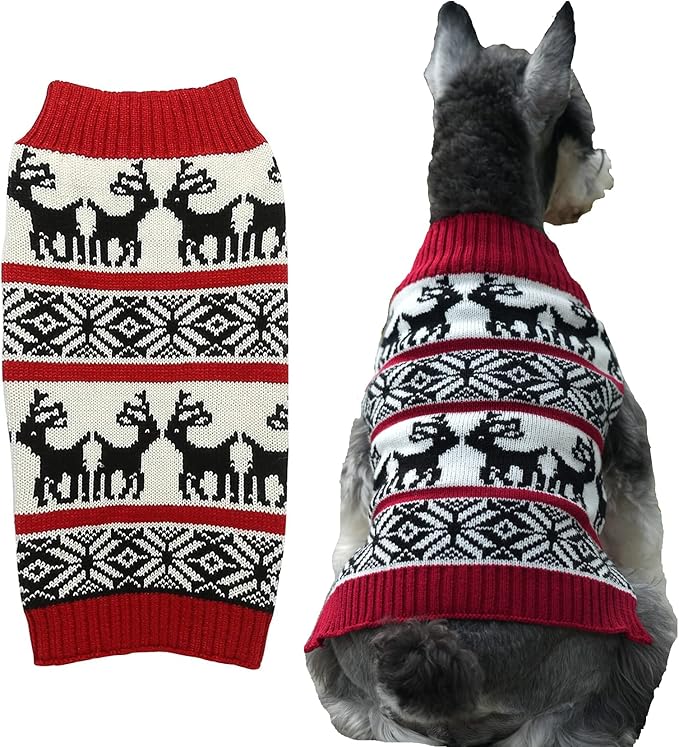 Lanyarco Ugly Vintage Dog Christmas Sweater, Knit Xmas Reindeer Holiday Festive Christmas Dog Sweaters for Small Dogs, Medium M 13"