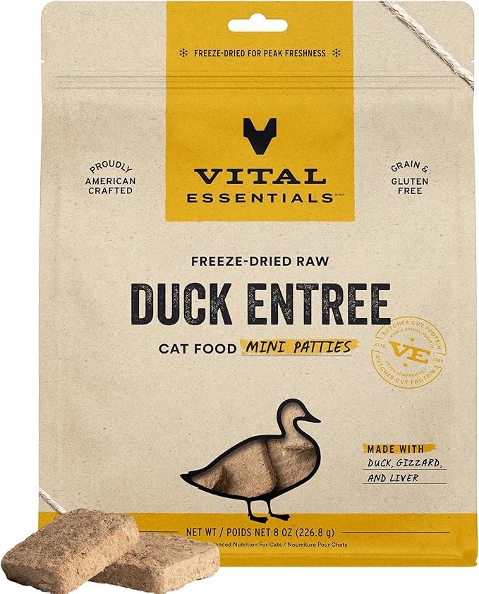 Vital Essentials Freeze Dried Cat Food, Raw Duck Mini Patties | Complete Meal or Topper | Easy to Portion and Rehydrate | High Protein, Grain Free Dry Cat Food | 8 oz Bag