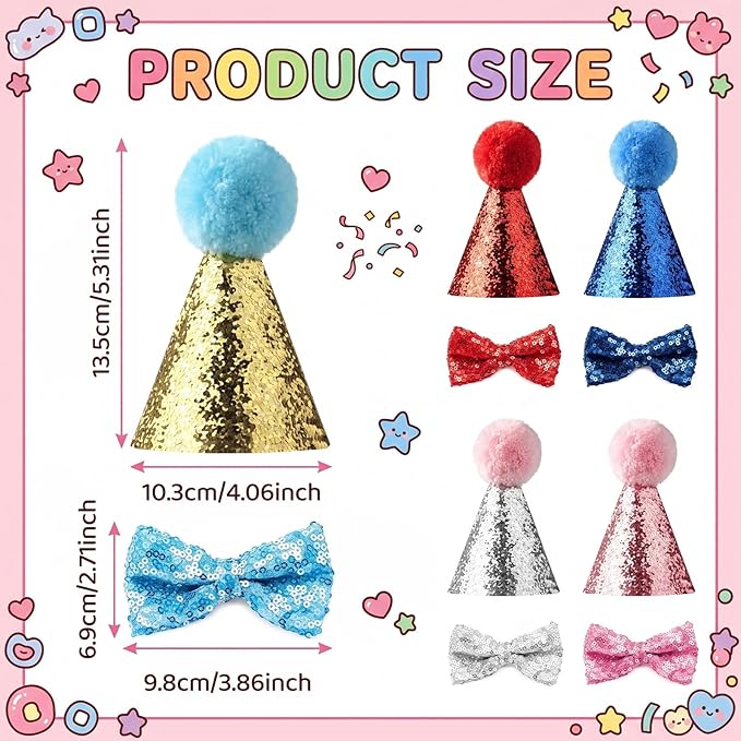 10 Pcs 5 Colors Dog Birthday Hat and Bow Tie Set-Sequin Mini Party Hats for Stuffed Animals, Cats, Puppies, Rabbits - Adjustable Sequin Pet Birthday Hats & Bowties Grooming Costume Accessories