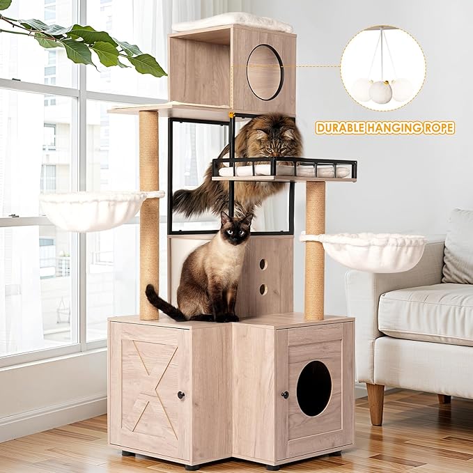 Modern Cat Tree Condo Tower Cat House Washroom Furniture Litter Box Enclosure with Scratching Posts, Hammocks, Removable Washable Cushion & Toy Hanger, White+Gray(25.60" Lx25.60 Wx63.00 H)