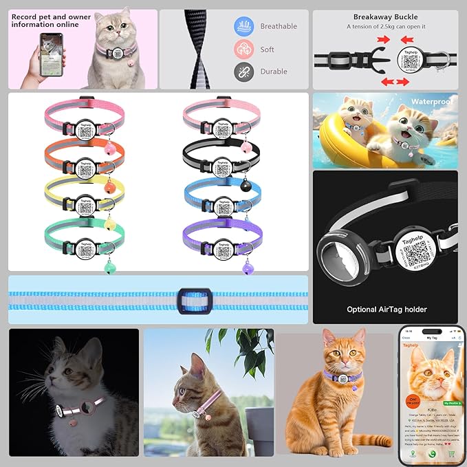 Personalized Paw Print Cat Collar with Smart QR Code ID Tag, 2-Pack Breakaway Reflective Safety Collars with Bell - Adjustable Polyester Collar for Easy Online Pet Profile (Orange)