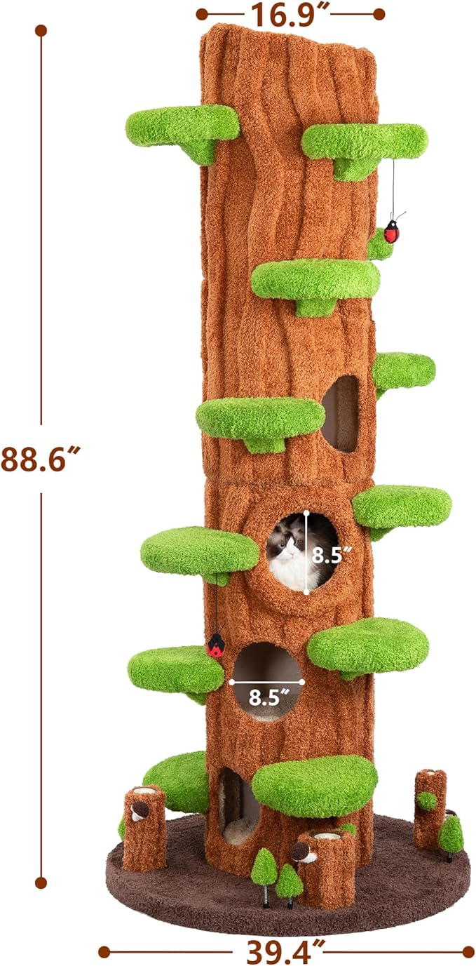 KAMABOKO 90.5" Tall Cat Tree for Indoor Cats, Large Cat Tower with Luxury Cat Condo, Cat Tree Tower with Soft Cushion, Scratching Board, Plush Platform＆ Top Perch, Green