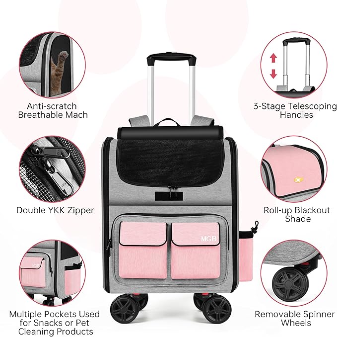 MGB Large Pet Carrier, Foldable Rolling Dog Carrier with Removable Wheels, Cat Rolling Bag 21.3"x15"x12.2" for 2 Cats & 1 Dog for Travel, Outdoor, Vet Visits, Camping, Indoor. Pink. (Not for Airline)