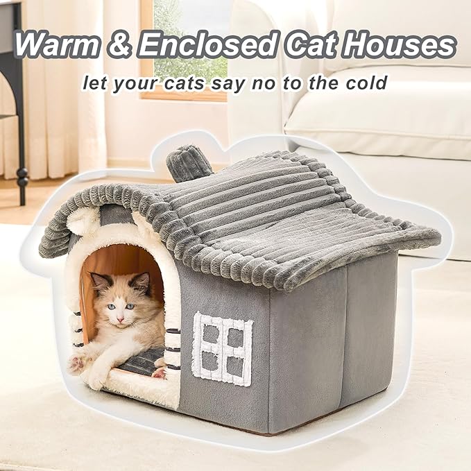 Jiupety Bear Cat Houses for Indoor Cats, Chimney Cute Cat Bed Cave, Enough Interior Space, Cartoon Soft Pet House Up to 3-10 lbs Kitten, Gray