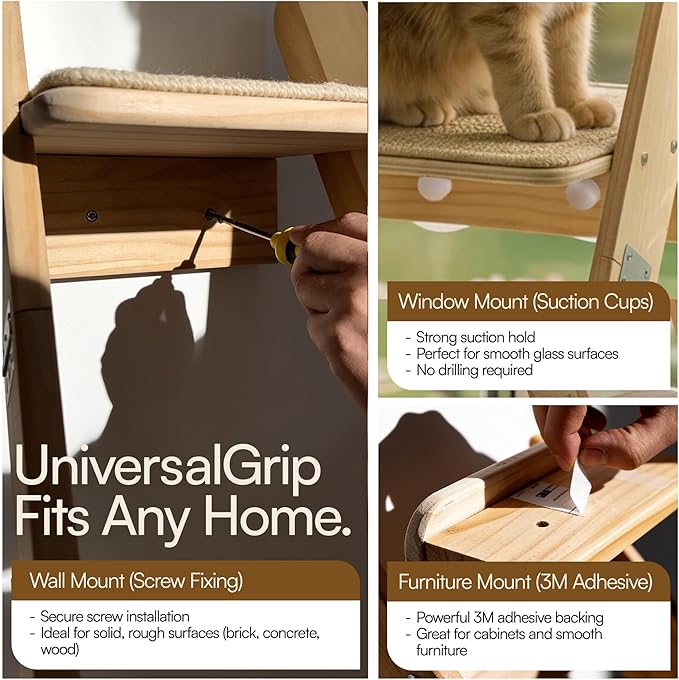 65" Tall 6-Level Cat Ladder for Window & wall | Fits Cats up to 20 lbs |Senior & Less Agile cat Stairs for Window with 55° Gentle Incline | Requires 31" Floor Clearance | No-Drill Glass Installation