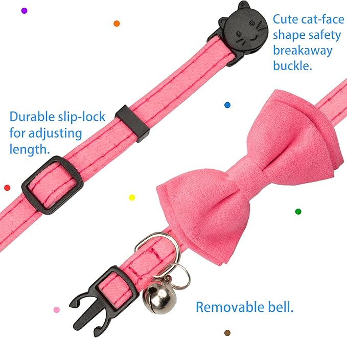 Cat Collar with Bow Tie Bell Breakaway Kitten Small Pet Safety Solid Wedding Basic Pure Color Suede Soft Adjustable [1pc] Rose Red