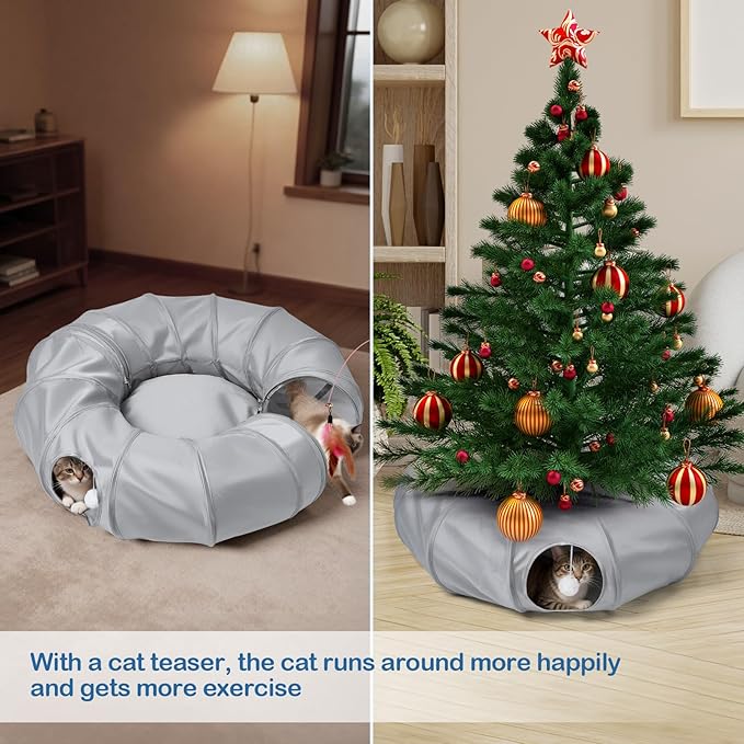 Cat Tunnel Bed with 20 Pcs Interactive Toys, 3-in-1 DIY Collapsible Plush Cat Tube with Washable Mat, Large Indoor Play Tunnel Cave for Kittens and Small Animals