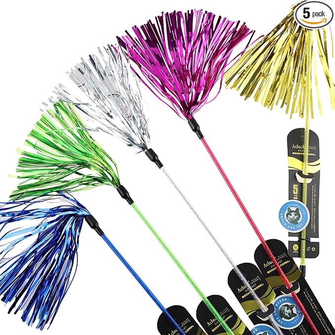 ADUCK 5 Pack Cat Wand Toy for Indoor Cats, 22-Inch Interactive Tassel Teaser Kitten Toy for Exercise and Play, Durable PE Wand Chaser Without Loose Parts (Gold, Pink, Blue, Silver, Green)