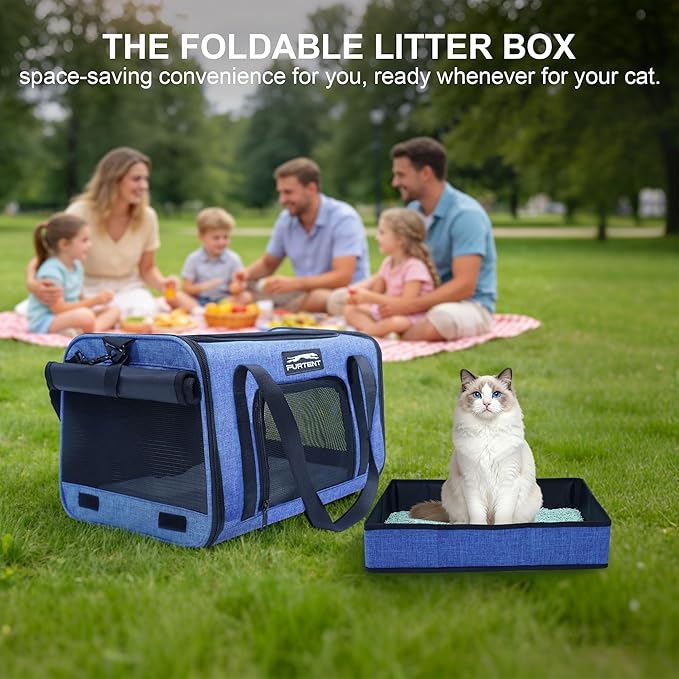 Soft Sided Cat Carrier Airline Approved up to 15lbs, 17x11x9.5 Inch Ventilated Pet Travel Bag with Foldable Litter Box & Storage, Portable Cat Transport Carrier for Flights Car Vet Blue