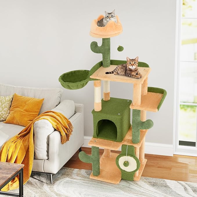 Tangkula Cactus Cat Tree, 63 Inch Multi-Level Tall Cat Tower with Sisal Scratching Posts & Board, Condo, Padded Perch, Hanging Toys, Basket Bed, Platforms, Green Cute Cat Tree for Indoor Cats
