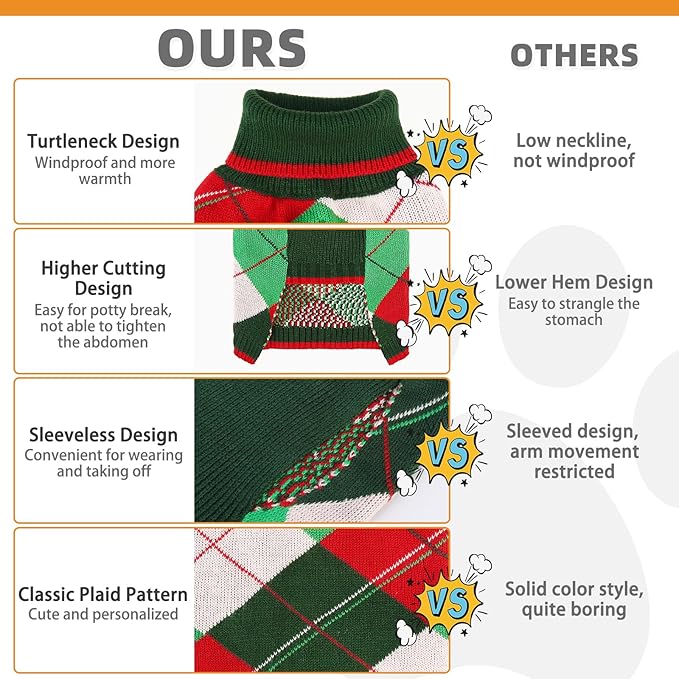 KOOLTAIL Dog Christmas Sweater Pet Knitted Clothes - Classic Plaid Pull Over Turtleneck Dog Sweaters with Leash Hole Warm Dogs Winter Clothing for Small Medium Dogs Cats Puppy Boy Girl Red & Green L