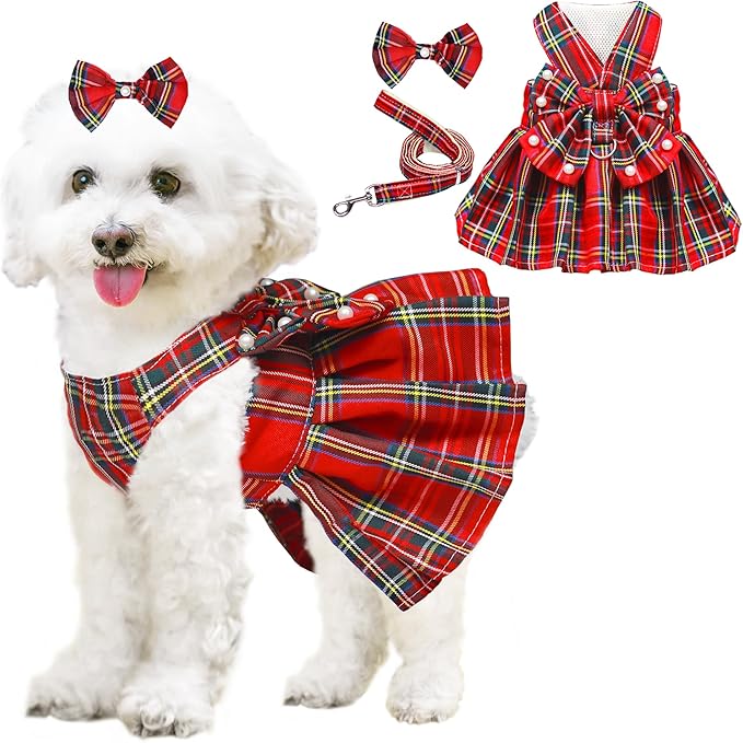 Dog Dress Bowknot Harness Leash Set for Small Dogs Girl Cute Plaid Dog Dress Pearls Bow Tie Spring Summer Princess Clothes Birthday Holiday Doggie Outfits for Puppy Cats Girl Apparel (Red, Large)