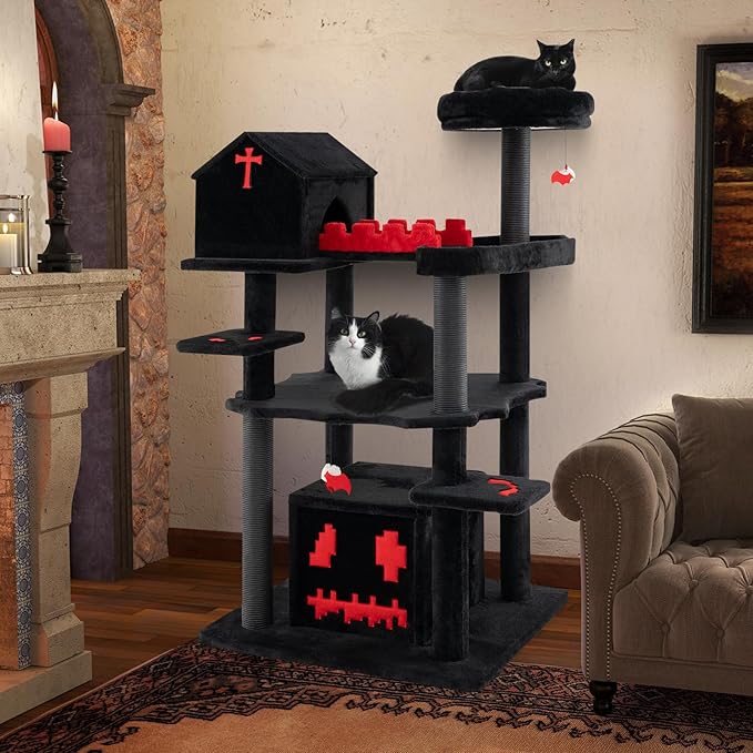 Tangkula Gothic Cat Tree, 49 Inch Black Cat Tower with Coffin Bed, 2 Condos, Scratching Posts, Bat Pompom Balls, Perch, Halloween Pet Furniture, Spooky Goth Cat Tree for Indoor Cats