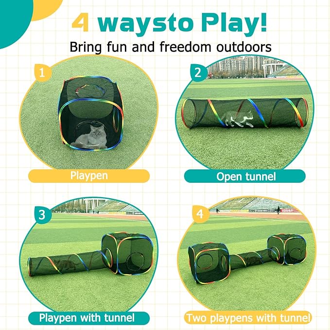 Outdoor Rainbow Cat Enclosures Playground,Outside House for Indoor Cats Include Portable Tent, 2 Way with 2 Cube Tunnel, for Kitty and Small Animals,Within Storage Bag