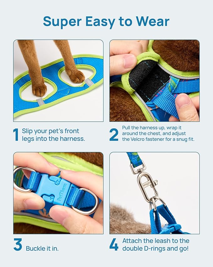 PetThem Upgraded Cat Harness and Leash Set - Step-in Escape Proof Adjustable Cat Harness, Comfortable Soft Lightweight, Reflective Harness for Walking, Travel, Camping (Hawaii Green, M)