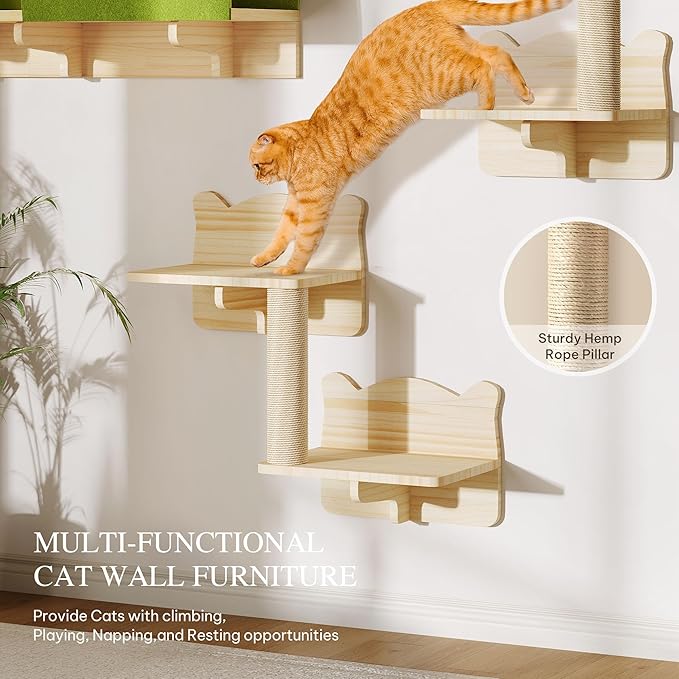 7-in-1 Cat Wall Shelves, Multi-Level Solid Wood Cat Furniture for Wall, Floating Cats Wall Shelves Set, Cat Climbing Wall Systems with Scratching Post and Tunnel, Burlywood