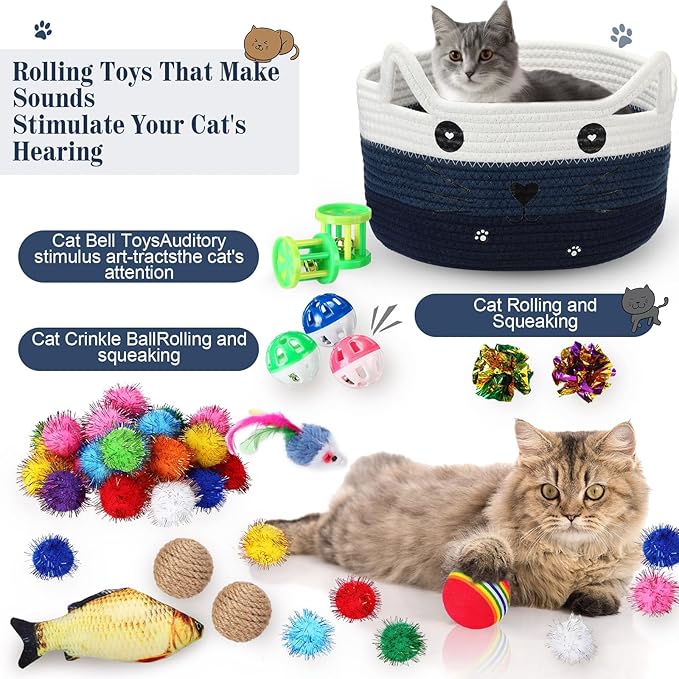 Zopeal 76 Pcs Graduation Cat Storage Basket Gift Toys Set Interactive Cat Toys Kitten Wand Colorful Flashing Balls Pet Crinkle Balls Attract Kitten to Swat, Hunt for Pet Indoor(Blue)
