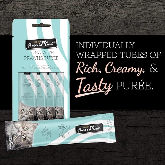 Fussie Cat Tuna with Prawns Puree, lickable cat Treats, 0.5oz Pouch (Pack of 12)