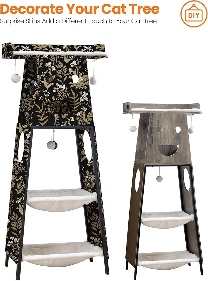 Modern Wood Cat Tree for Indoor Cats, 56 Inch Tall Cat Tower with Hammock, Multi-Level Trees with Perch Bed, 2 Hammock, Cat Condo, Scratching Board, Removable Pads, Cat Furniture, Greige