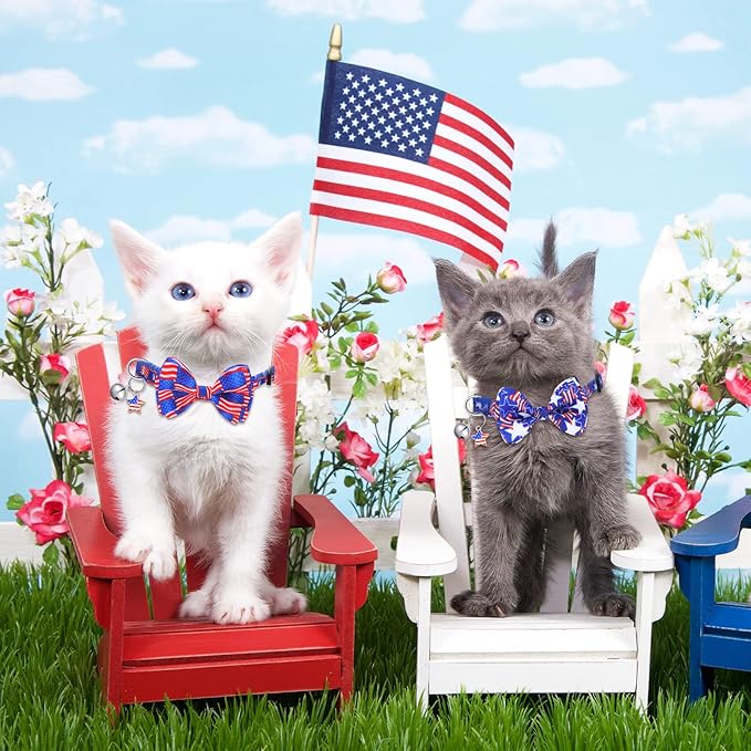 Kacctyen 18 Pcs Patriotic Cat Collars Bulk Easter Holiday Cat Collars with Bow Tie 4th of July Decoration Kitty Breakaway Adjustable Pet Kitten Bowtie Decor(Small)