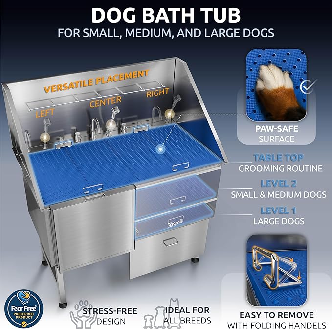 KANIS Professional Dog Washing Station 304 Stainless Steel Pet Wash Sink & Grooming Bathtub w/Shower, Floor Grates and Storage for Large, Medium & Small Pets (Silver, 50 Inches, Left Ramp, 1 Drawer)