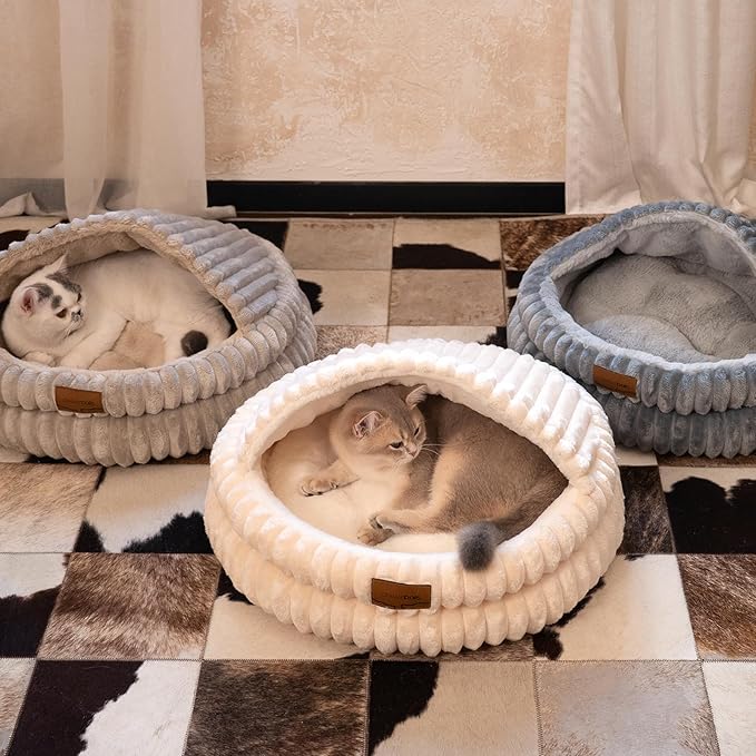 CHEERPALS Cat Cave Bed for Indoor Cats, Washable Covered Cat Bed Hooded Kitty Bed Soft Fluffy Pet Bed for Puppy and Small Dog(Dark Blue)
