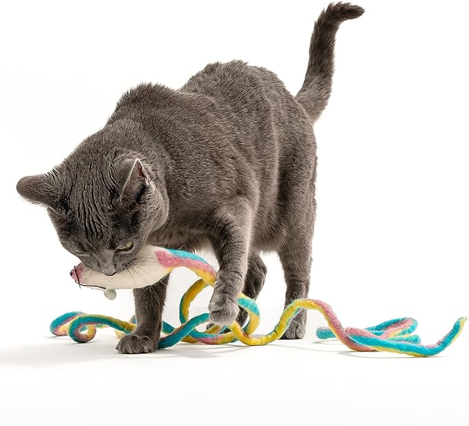 Catch a Mouse Wool Cat Toy - 6-Foot Tail Indoor Cat Kittens. Pride (Unicorn Swirl) Mouse Rat Plush Toy