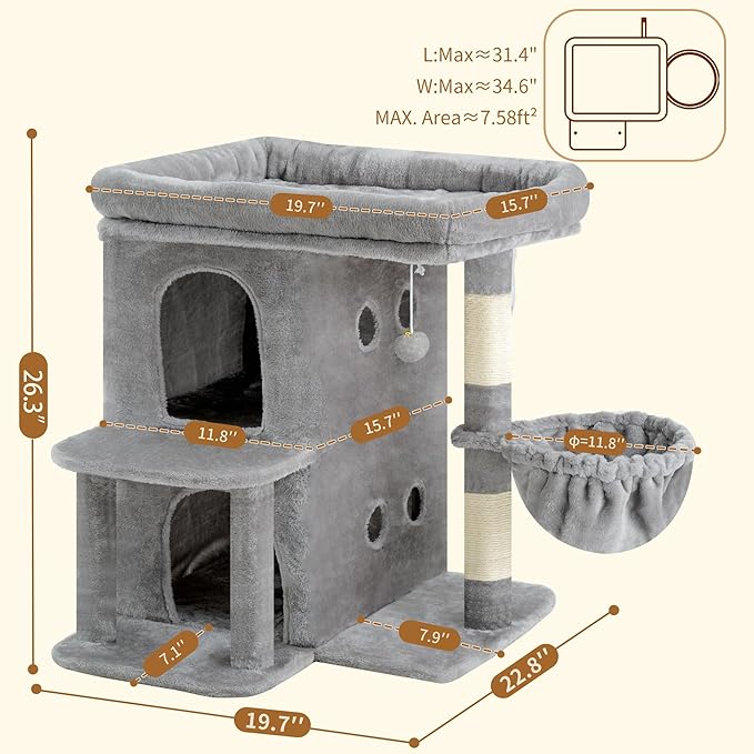 Heybly Cat Tree, 26.3-inch Cat Tower with Spacious Top Perch for Large Cats, Stair-Style Cat House Furniture with Dual-Layer Condos, Sisal Scratching Posts, Cozy Basket & Pompom, Light Gray HCT204SW
