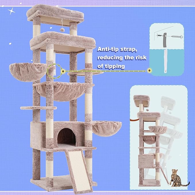 Hey-brother Cat Tree Tower, Scratching Posts with Extra Large Platform and Basket, Specious Condo, 2 Cozy Hammocks, Scratch Board for Indoor Adult Cats, Maine Coon 71.7 inches, Muchroom MPJ080MU