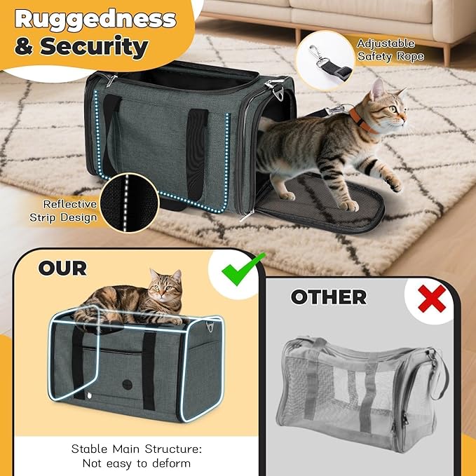 YUDODO 25lbs Cat Carrier Lightproof Soft Sided Pet Carrier for Large Cat & Small Dog Airline Approved Travel Puppy Carriers with Side Pockets & Reflective Mesh Foldable Portable for Outdoor Grey Green