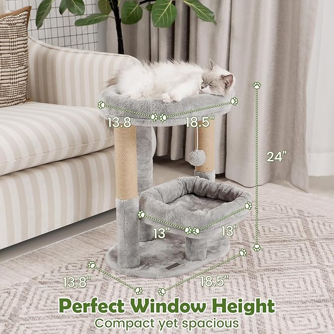 Cat Tree for Indoor Cats, Compact 2-Tier Cat Tower with Padded Donut Beds, Cozy Plush Cat Perch for Small to Medium Cats, Sisal Scratching Posts & Hanging Toy (Light Grey)