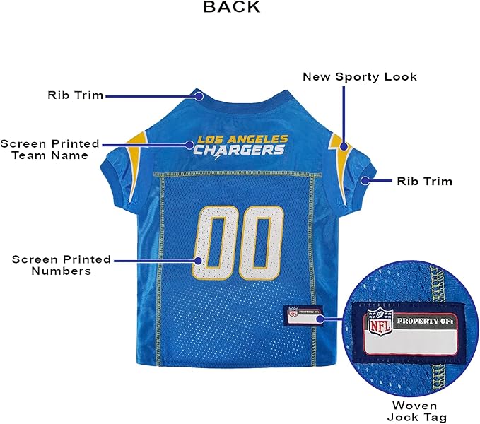 Pets First NFL Los Angeles Chargers Dog Jersey, Size X-Large, Football Shirt Costume for Pet, Dog Sports T-Shirt, NFL Team Clothing for Cats, Licensed Pet Apparel Available in 7 Sizes and 32 Teams