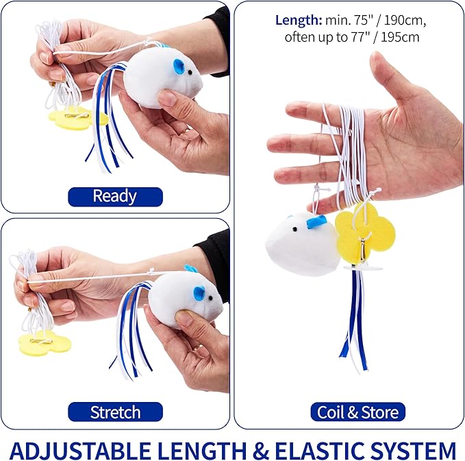 Hanging Cat Toy for Door - Self Play Interactive Toy with XL Mouse & Fish on Extra-Long Elastic Cord (up to 77"), Includes 2 Extra Pre-Assembled Cords & No-Drill Hook for Indoor Cats