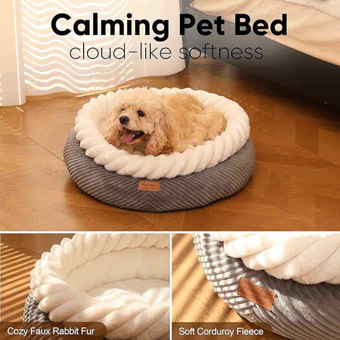 FUKUMARU Dog Bed, 25in Large Round Cat Beds, Plush Faux Fur&Corduroy Cat Beds, Cute Round Washable Pet Bed for Large Cats and Small Dogs, Cat Cave with Anti-Slip Bottom, 25inch, Grey