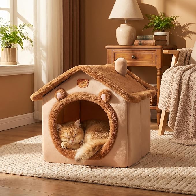 Cat Bed Cave, Cute Bear Shape Cat Beds for Indoor Cats, Pet House Cats Tent with Removable Cushion Pillow for Kittens Puppy Small Dogs (Brown-L, 20.4 * 16.9 * 19.6in)