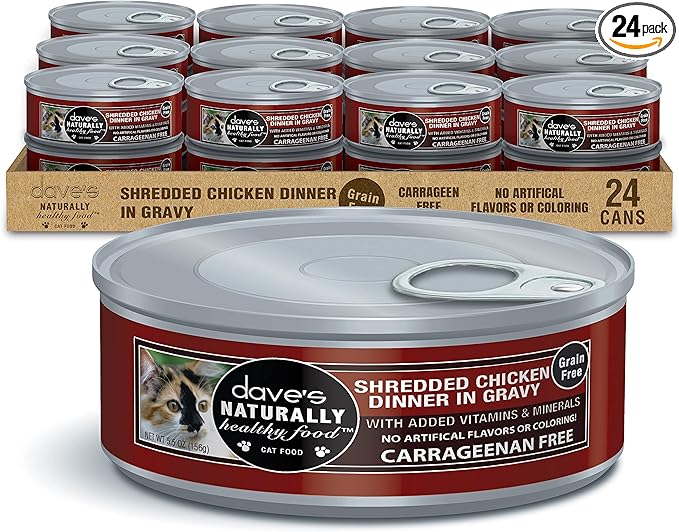 Dave's Pet Food Grain Free Wet Cat Food (Shredded Chicken in Gravy), Made in Canada Naturally Healthy Canned, Added Vitamins & Minerals, Wheat & Gluten-Free, GMO-Free, 5.5oz (24 Pack)