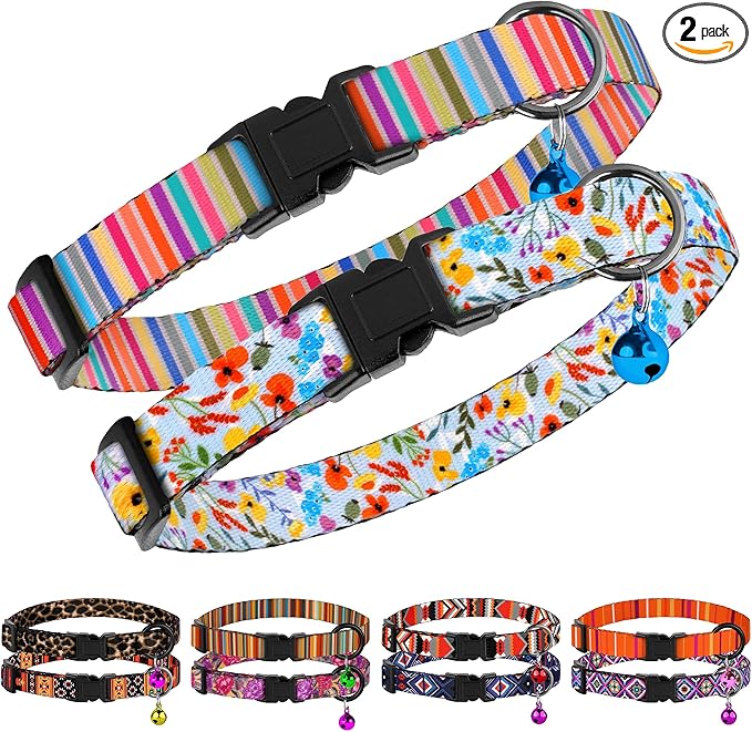 2 Pack Cat Collars with Bell - Breakaway Soft Collar for Girl & Boy Cats, Adjustable Safety Cute Kitten Collars – Comfortable Stylish Patterned Print Design Lightweight (Floral + Striped)