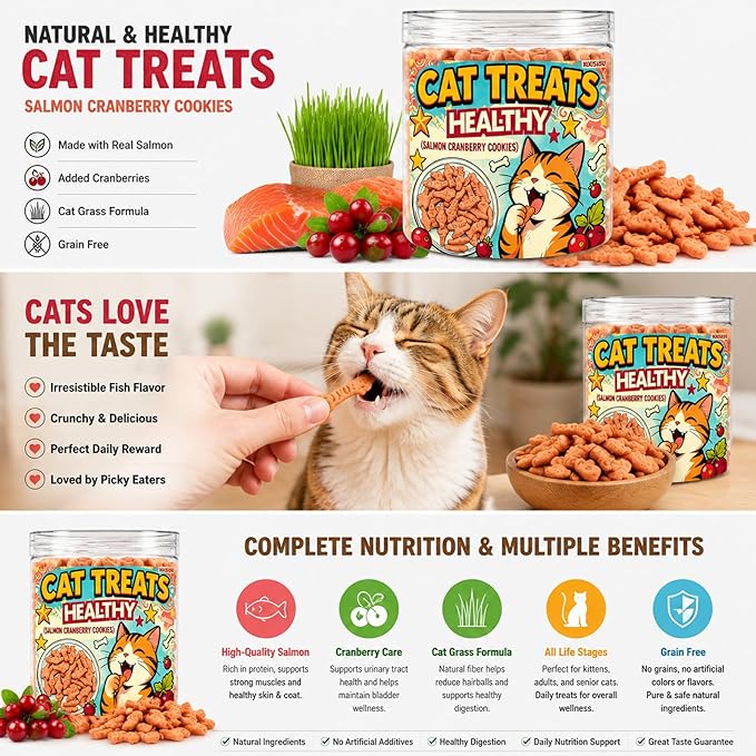 Salmon & Cranberry Cat Treats with D-Mannose - Urinary Tract Support for Indoor Cats, Crunchy Dental Health Snacks in 6oz Resealable Jar