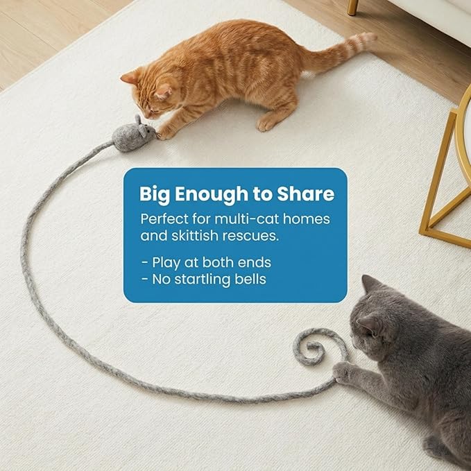Glaciart One Felt Mouse Cat Toy – Soft Fuzzy Enrichment 100% Natural Wool - Interactive Catnip Play Cat Toy Set - Safe for Pets, Non-AZO Colored Dyes - 100” Long