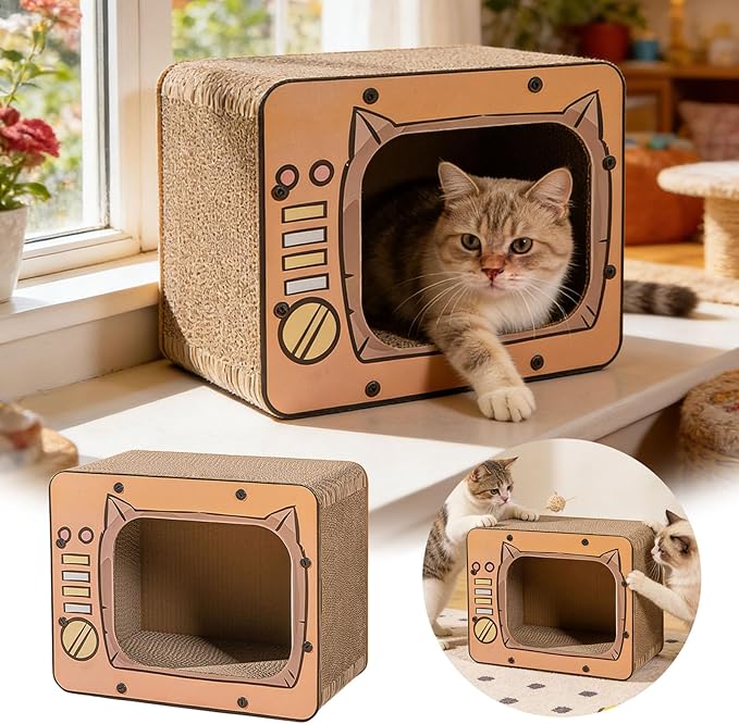 Cat Scratch House, TV Shape Corrugated Bed, Cat Furniture & Side Table for Living Room and Bedroom Decoration, Enrichment Play Exercise Boredom (#1)